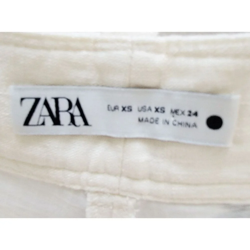 Zara Women's XS Embroidered Linen Wide Leg Pants Eggshell White Black NWT